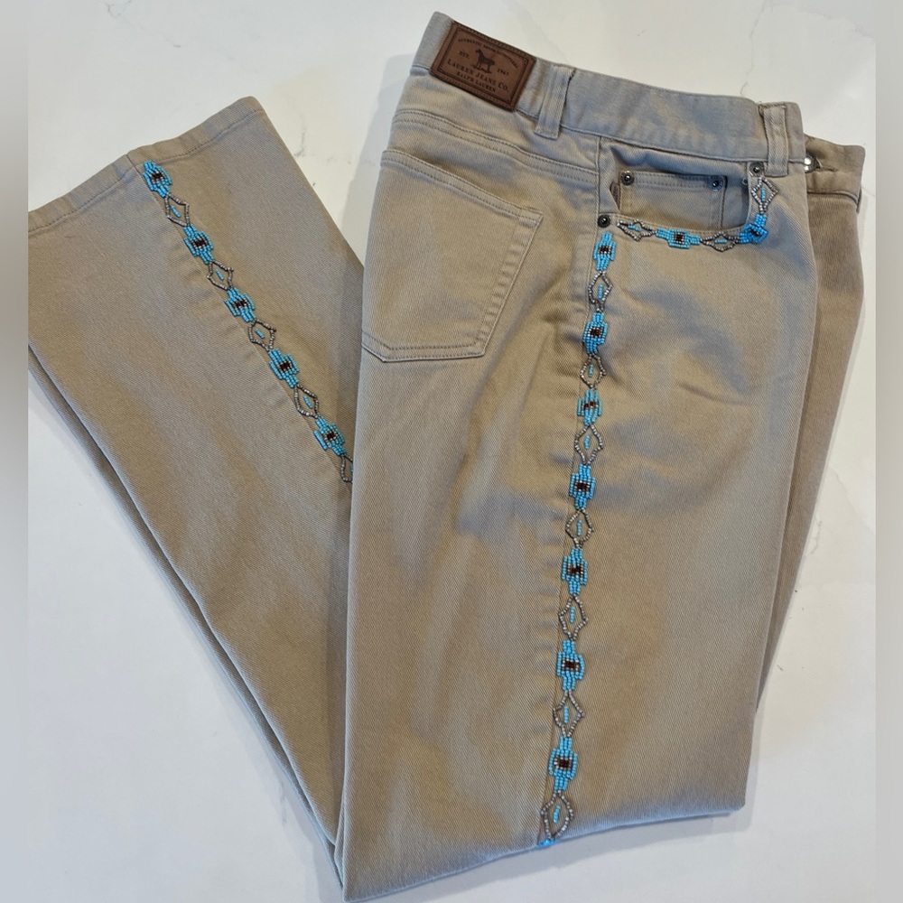Lauren Ralph Lauren Tan Jeans with Beaded Embroidery. Size 4